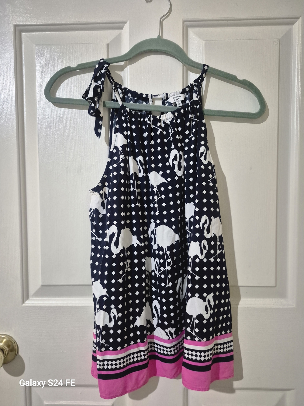 crown & ivy Navy Flamingo Print Tie-Shoulder Tank with Pink Hem
